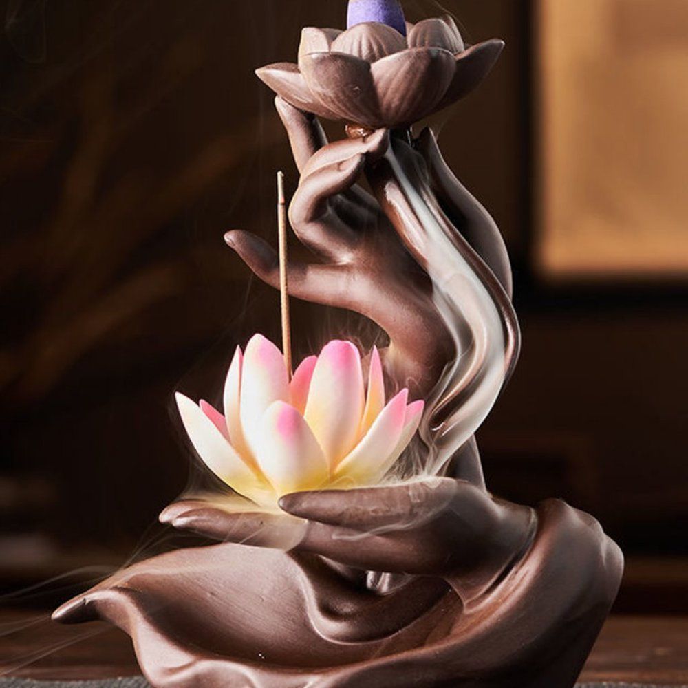 Nirvana Incense Burner Statue with Lotus | Buddha Hand Fengshui Home Decor #289